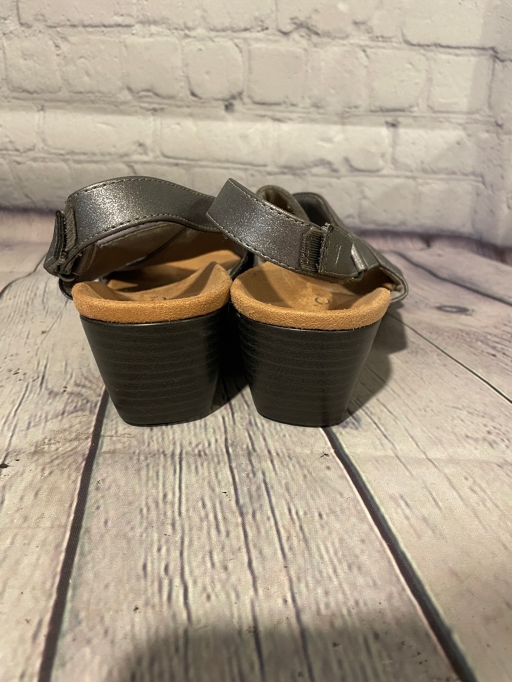 Vionic Metallic Gray Crisscross Slingback Wedge Sandals - Picture 4 of 10